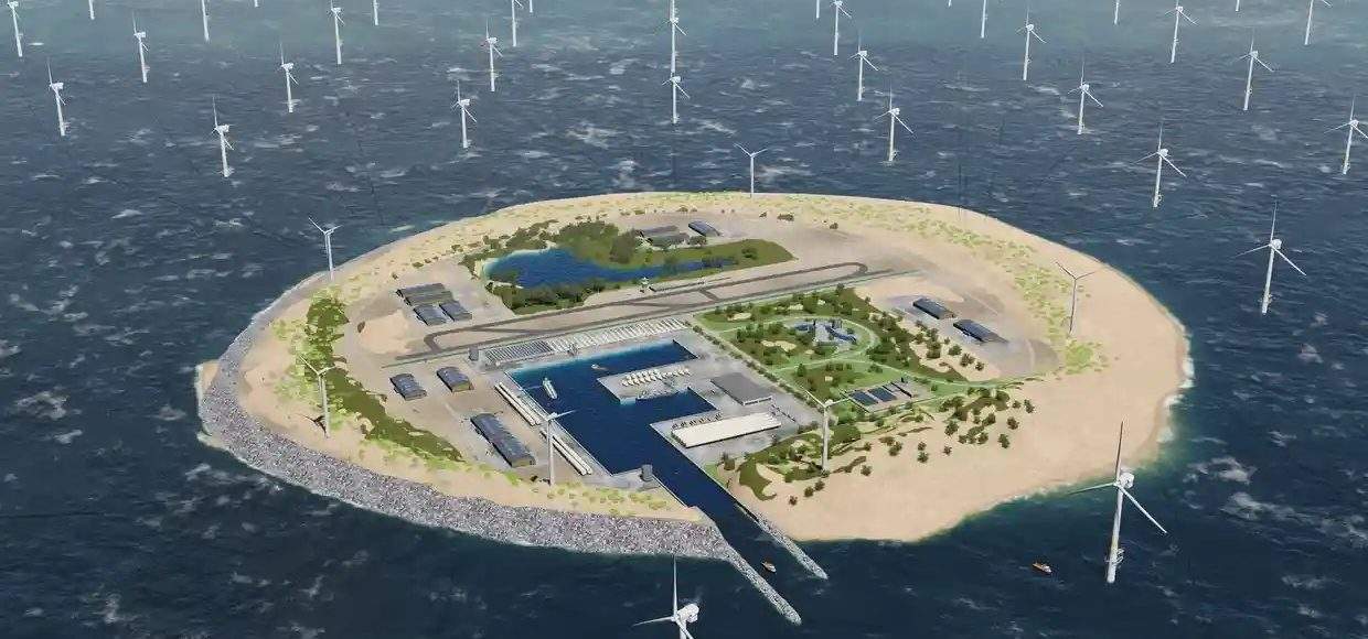 Energy transition can be seen represented as this island surrounded by hundreds of windmills.