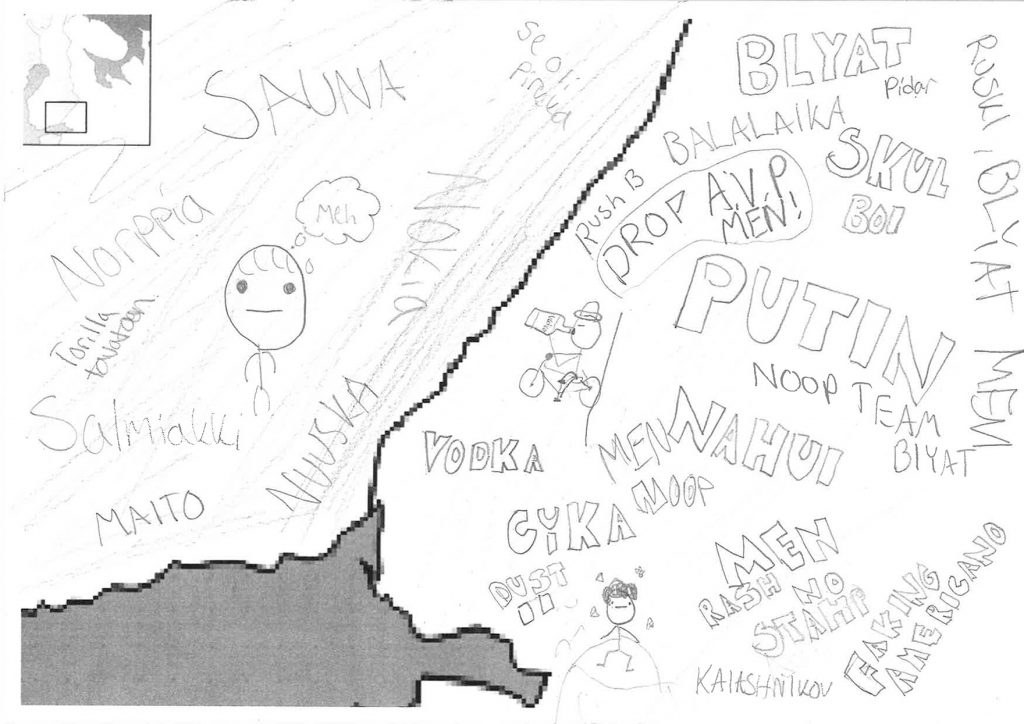 Kuva: lasten mielikuvat Suomen ja Venäjän raja-alueella. Karttapohjalle on piirretty tikku-ukkoja ja kirjoitettu mielikuvia kuvaavia sanoja suomeksi ja venäjäksi latinalaisin aakkosin.