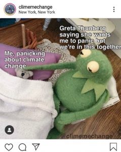 A climate-themed meme based on a picture of Kermit the Frog petting a tiny teddy bear tucked into bed. Next to the teddy bear there is the text "Me, panicking about climate change" and next to Kermit the Frog there is the text "Greta Thunberg saying she wants me to panic but we're in this together."