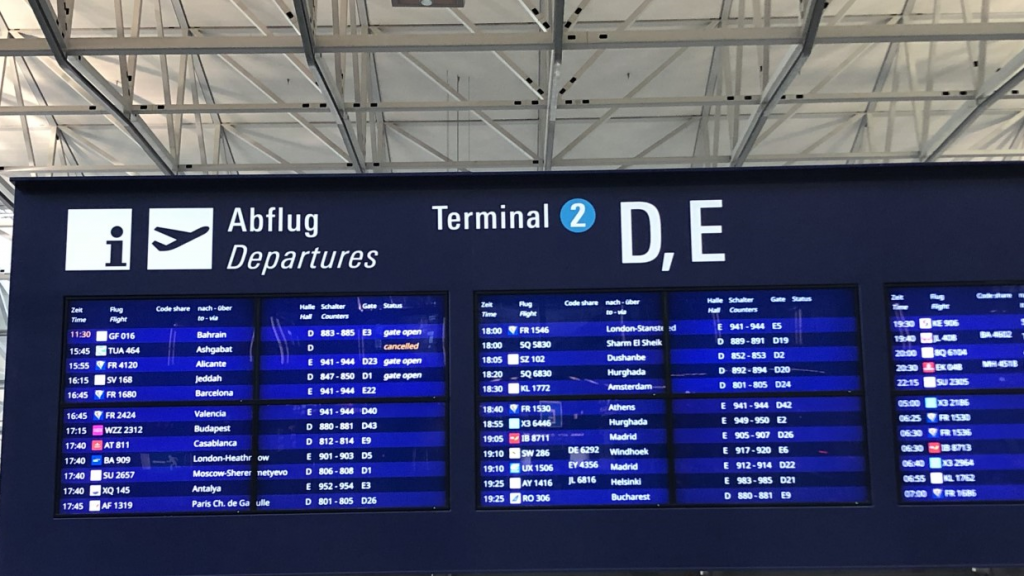 An illustrative picture for the article on flight shame. The picture shows an info screen for departing flights in Germany.