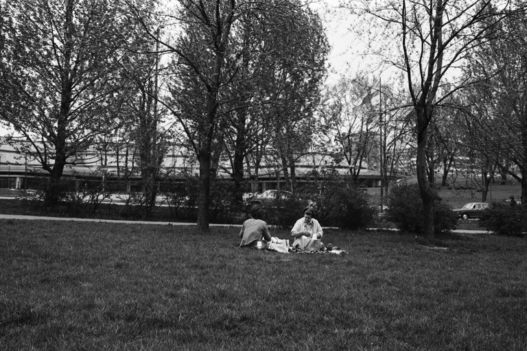 Mustavalkokuva: ihmisiä istumassa nurmikolla piknikillä Eläintarhantien laidalla, taustalla Helsingin Kaupunginteatteri.